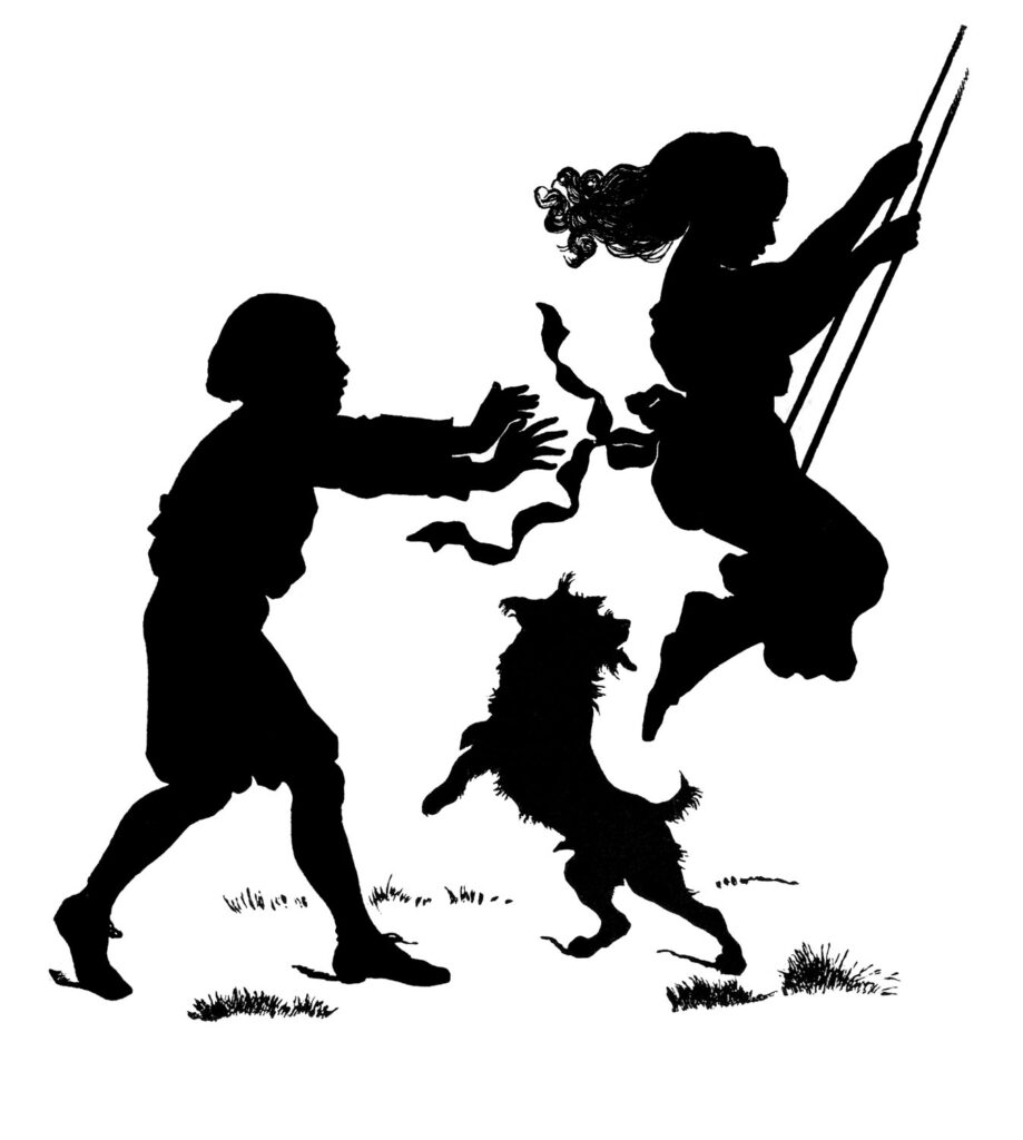 children swing dog silhouette illustration