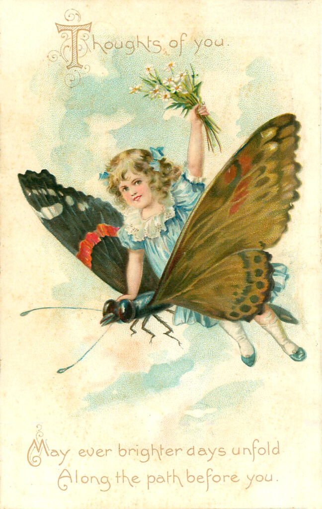 girl riding butterfly vintage image