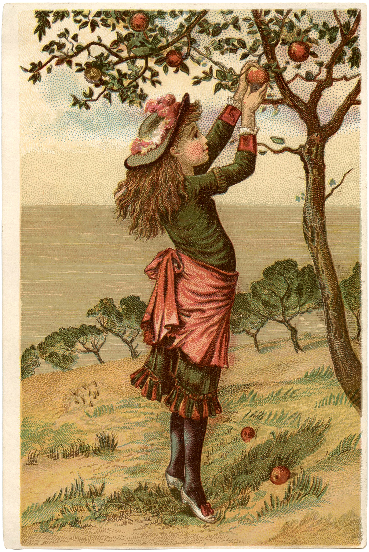 Antique trade card Au Bon Marche apple picking summer tree children kids art ad print ephemera scrapbook Victorian