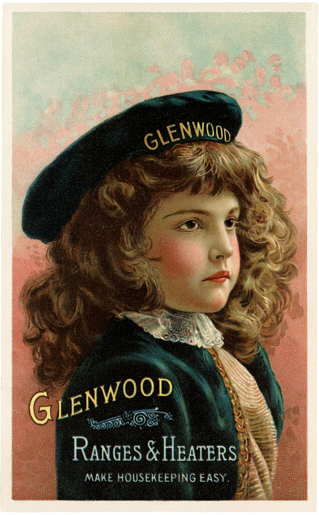 vintage girl brown hair navy hat advertising image