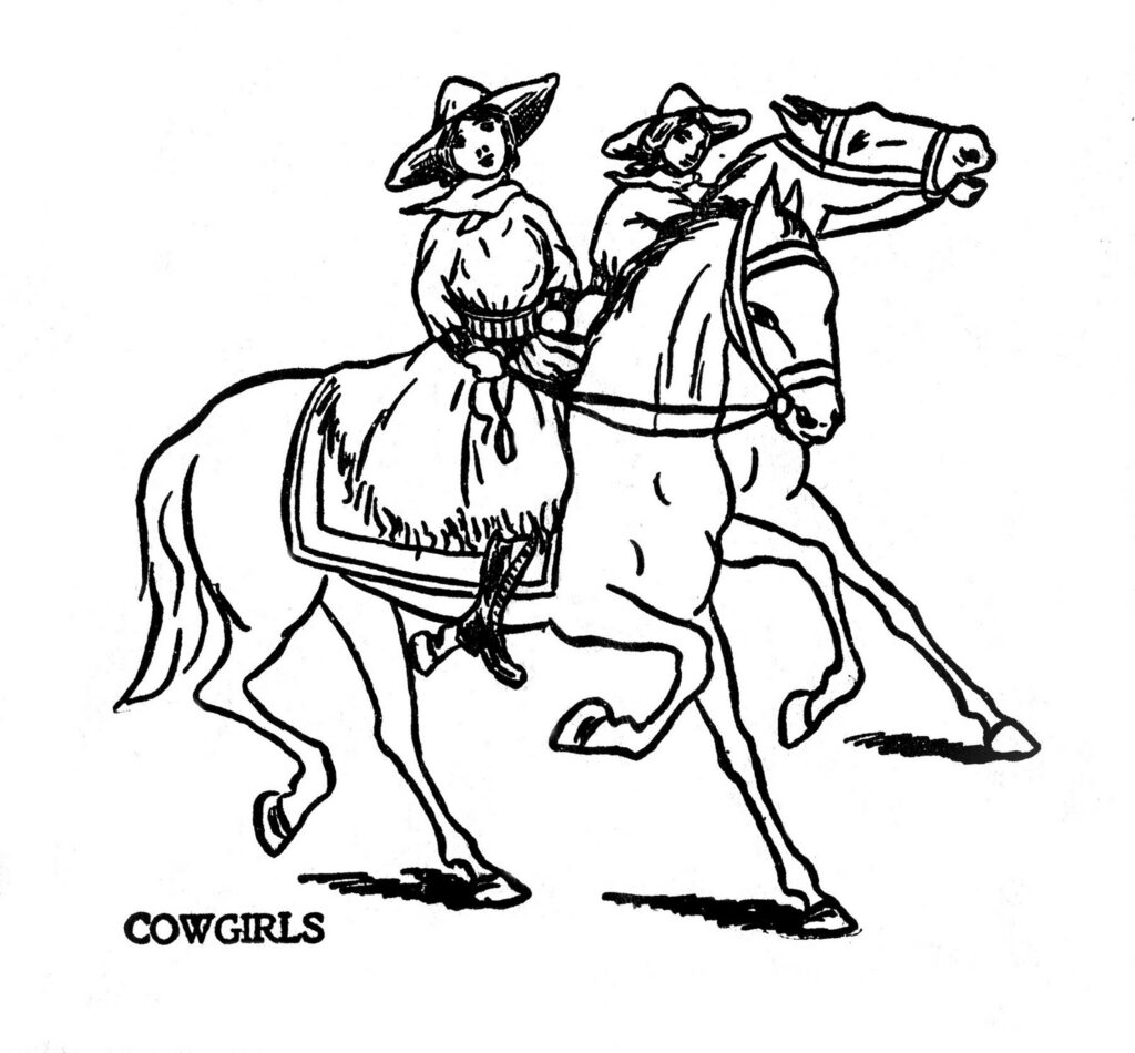 cowgirls horses horseback riding line drawing illustration