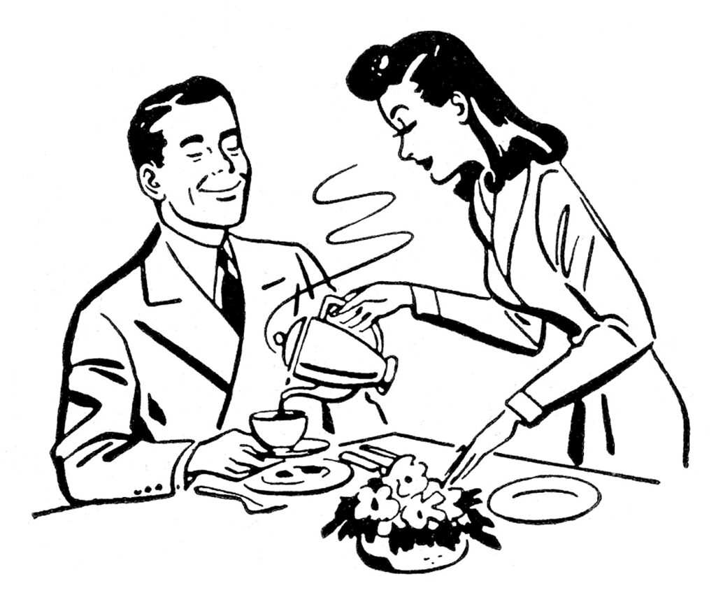 retro wife pouring coffee husband clipart