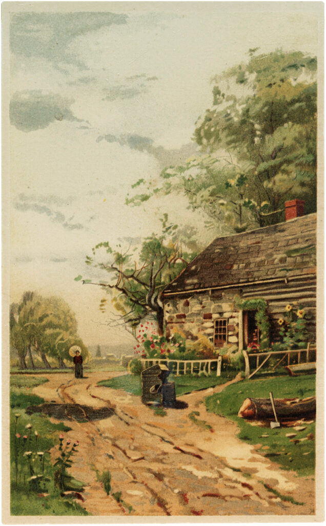 cottage landscape vintage illustration