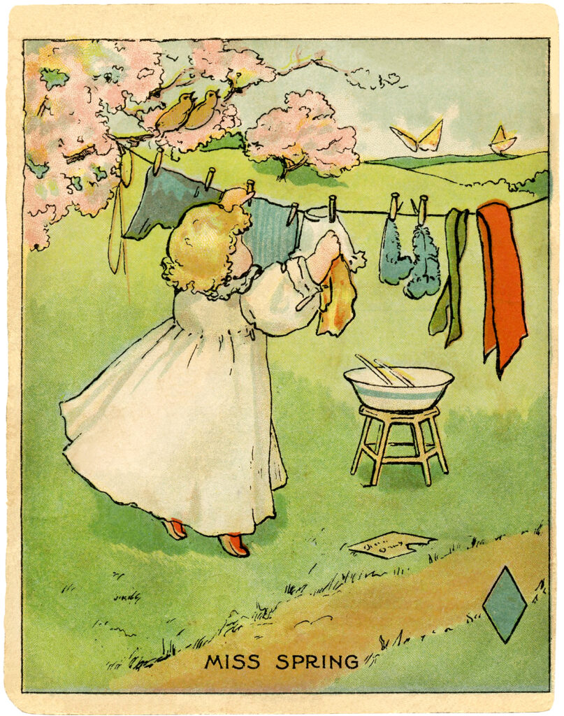 Miss Spring girl hanging laundry clothes line illustration