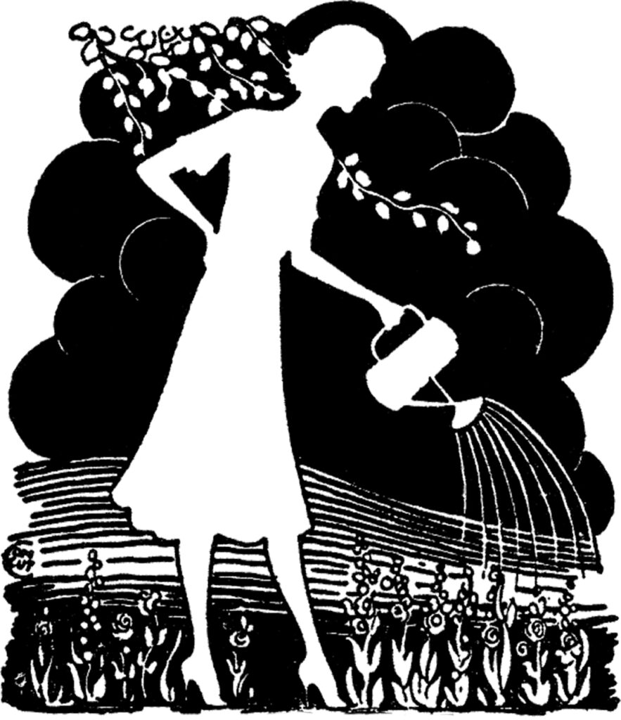 lady watering can plants silhouette image