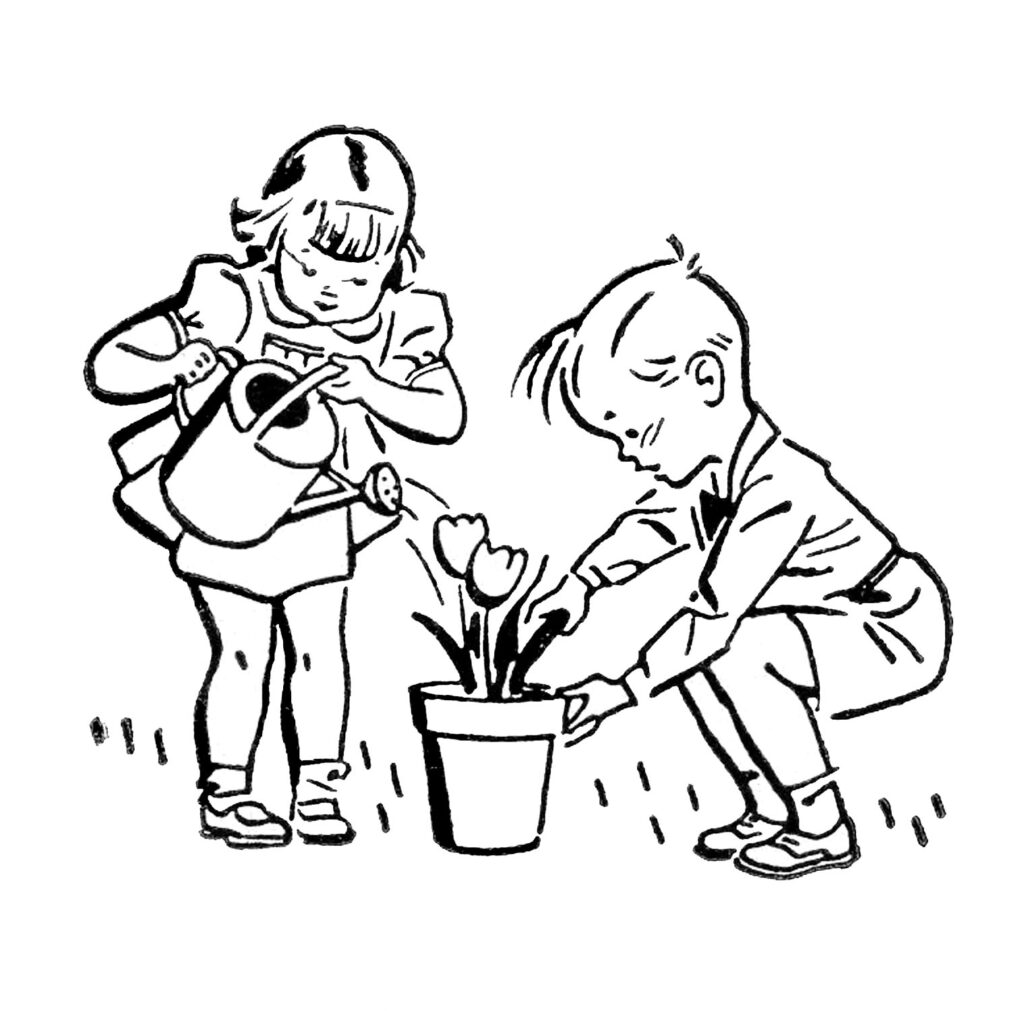 retro kids gardening watering can potted flower clipart