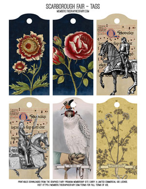 Medieval tags with flowers and animals