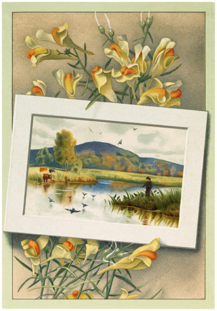 vintage floral landscape lake clipart