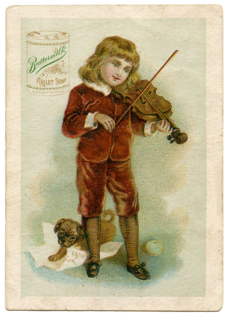 boy violin puppy vintage soap advertising image