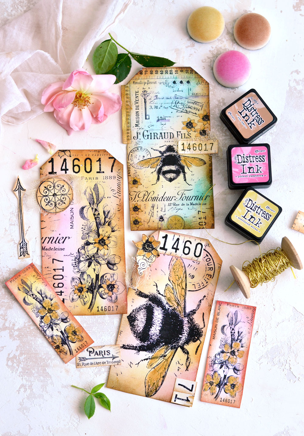 Mixed Media Collage Tutorial with Bee tags and ink