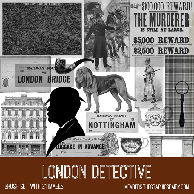 vintage London detective ephemera brush set
