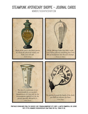 Journal cards with pharmacy tools and lightbulb