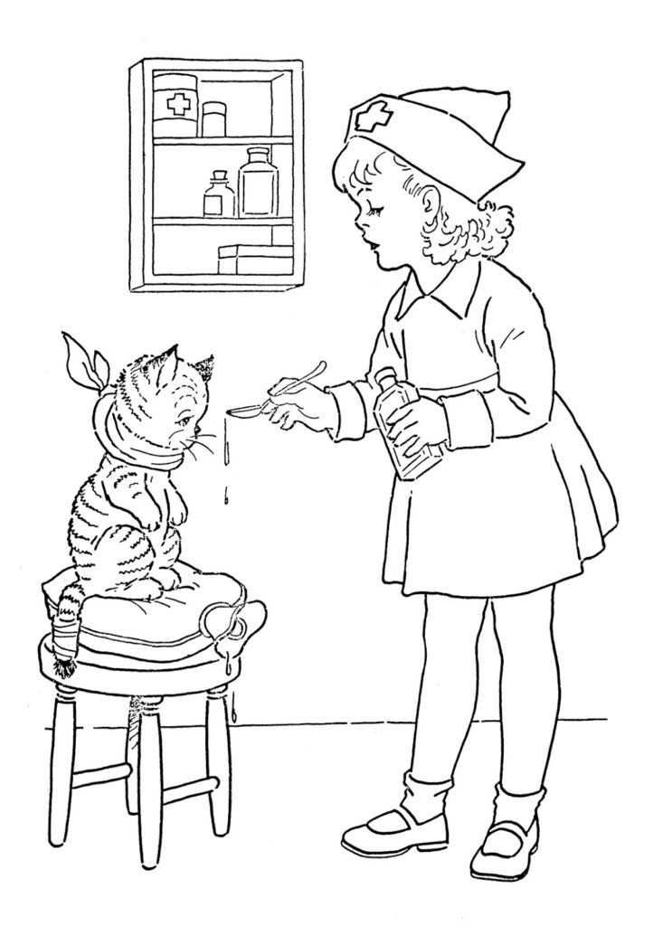 vintage child nurse cat patient coloring image