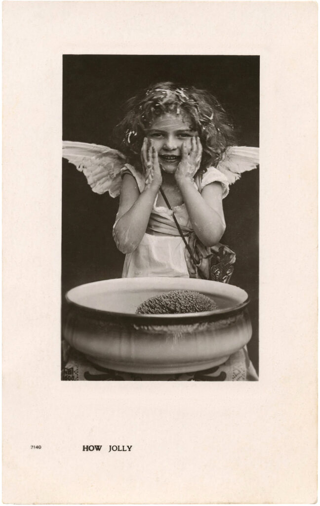 antique girl angel costume washing soap messy image