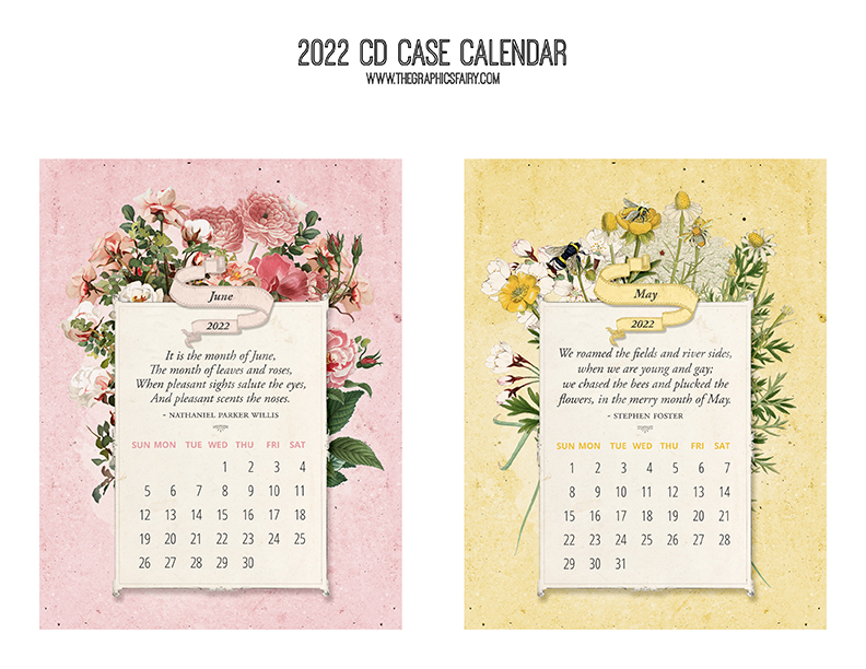CD Case Calendar June and May in Pink and Yellow with Flowers