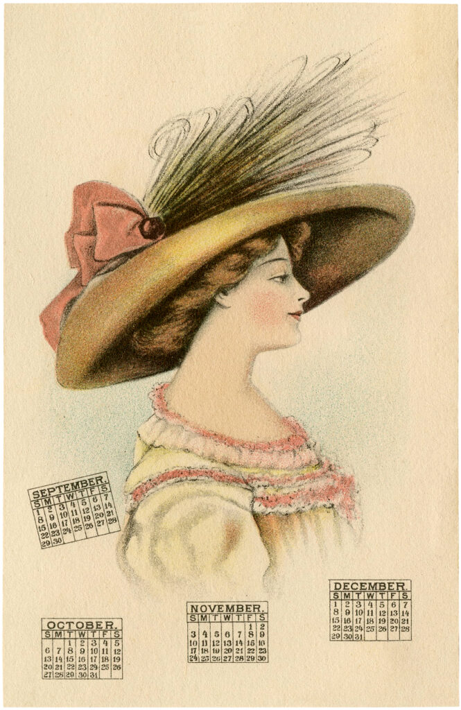 vintage calendar page lady hat feather bow illustration