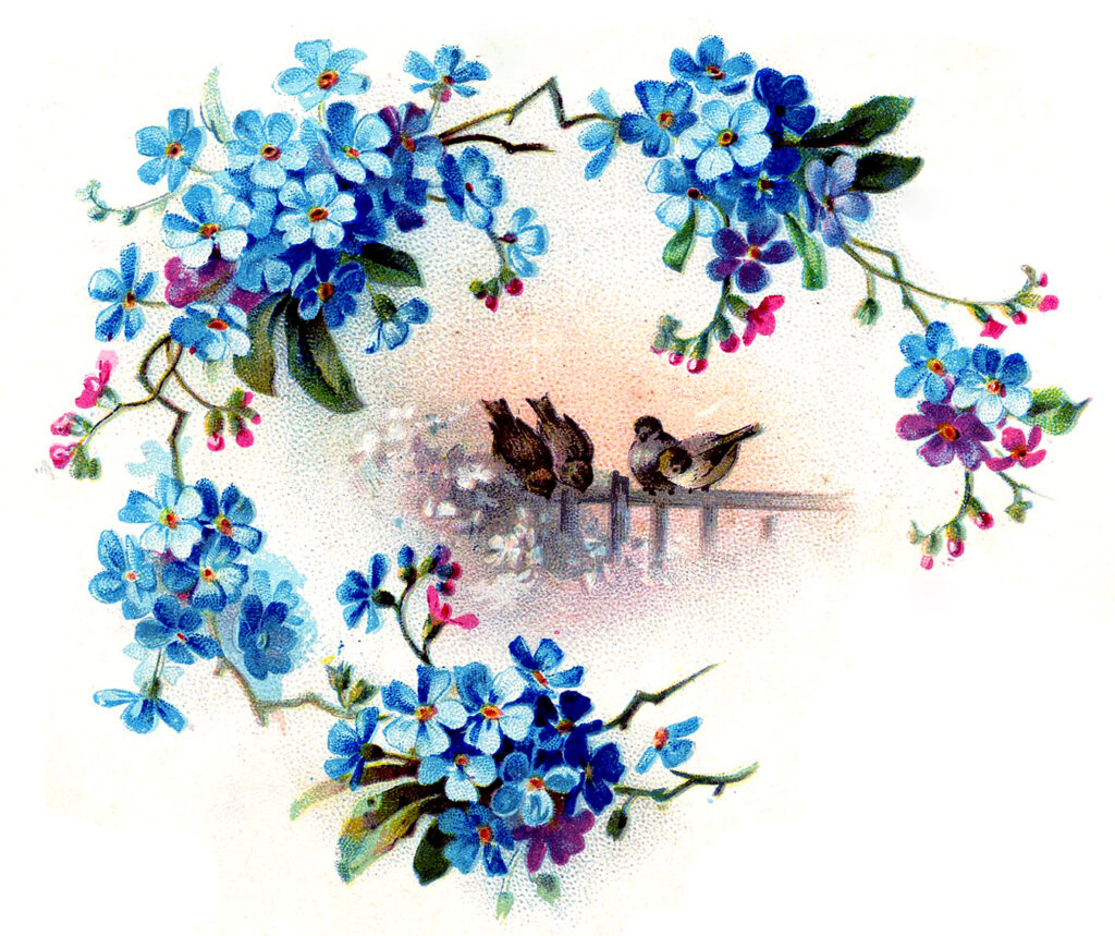 blue floral wreath birds scene clipart