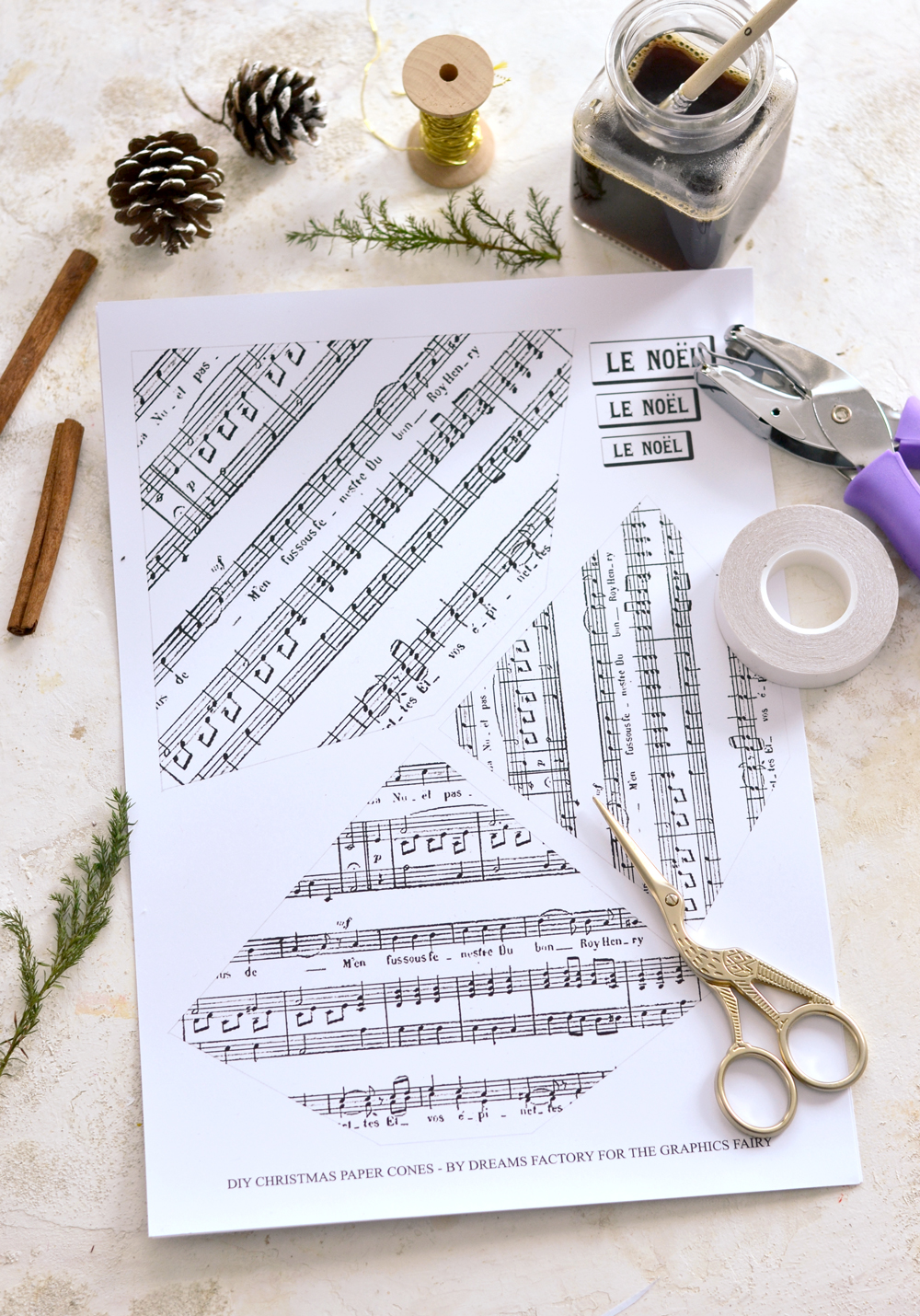 Paper cone free printable templates and all the supplies for creating the project