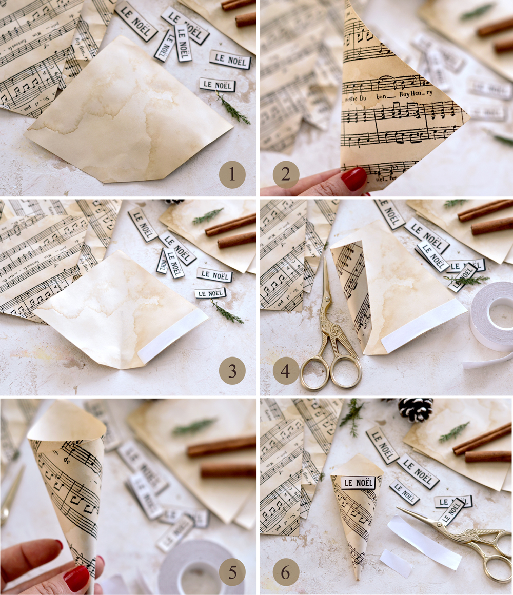 The instructions for folding and glueing the DIY Vintage Christmas Paper Cones (1-6)
