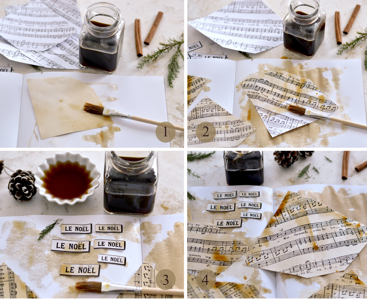 The instructions for distressing the paper cone templates with coffee (`1-4)