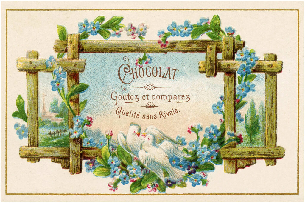 French chocolate Ad birds blue flowers vintage image