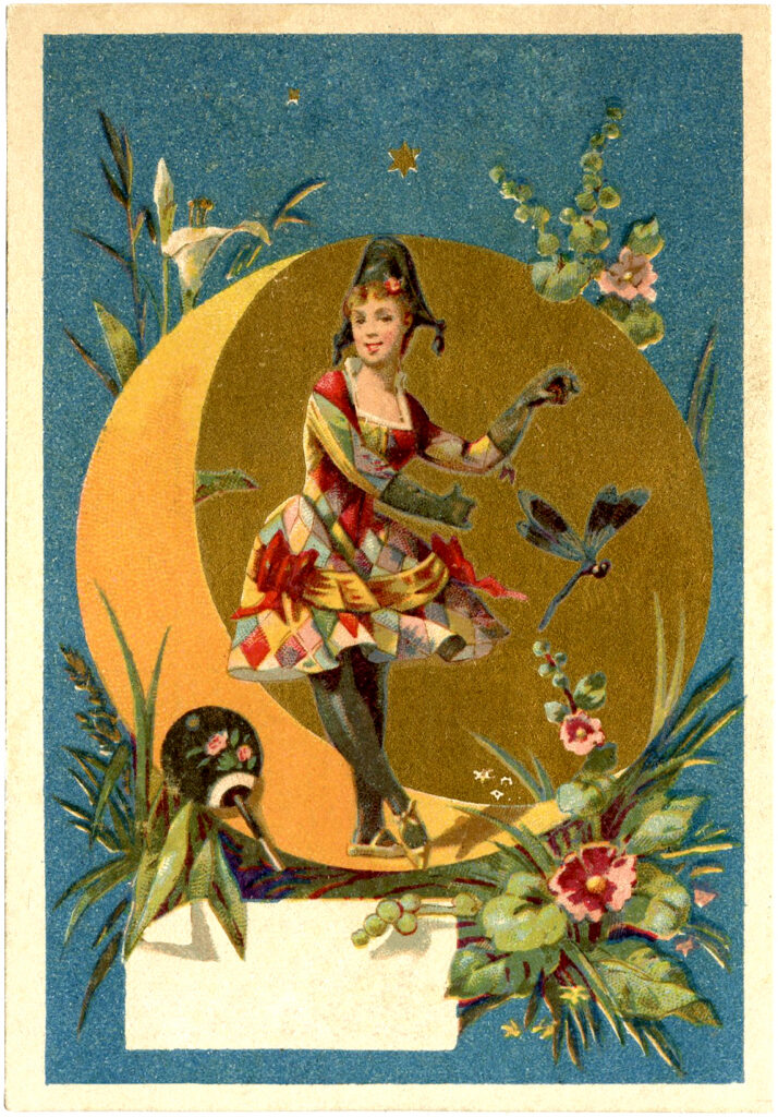 harlequin lady moon flowers vintage image