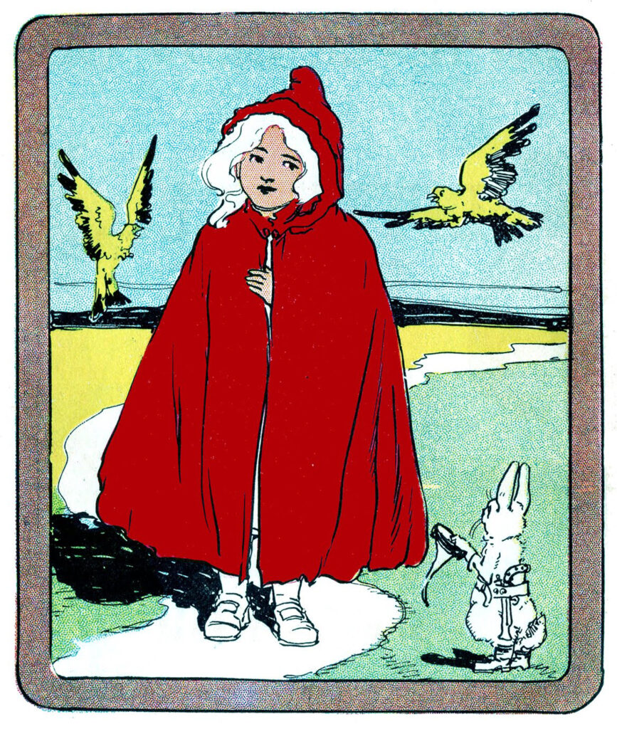 vintage Red Riding Hood cape birds rabbit illustration