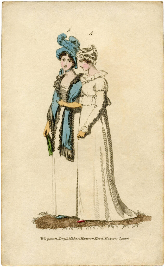 Regency fashion ladies blue shawl illustration