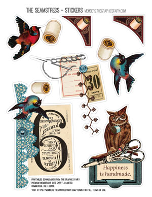 Sewing themed stickers with birds