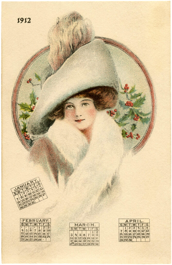 vintage 1912 calendar lady hat scarf image