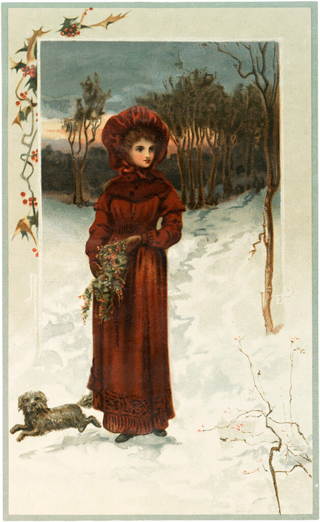 lady winter fashion muff hat dog illustration