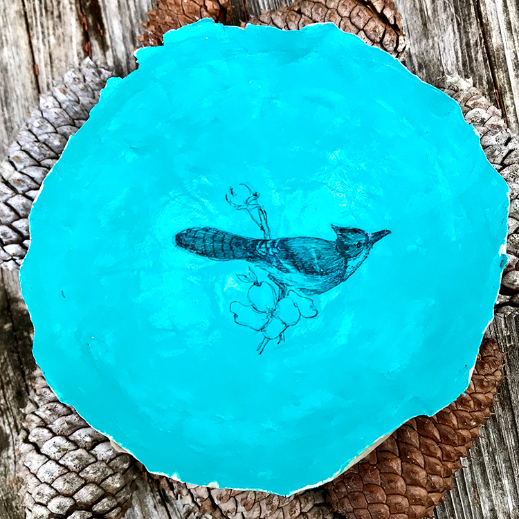 Paper mache bowl with transfer of blue jay