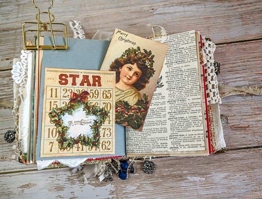 star bingo card journal pocket vintage Christmas girl ephemera page