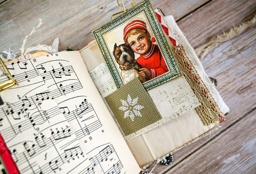 vintage sheet music needlepoint pocket boy dog ephemera journal spread
