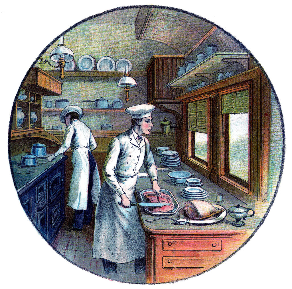 vintage round framed chef cooks kitchen cutting meat image