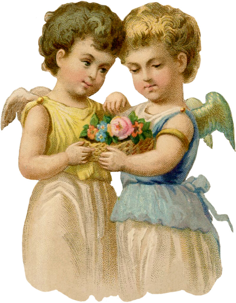 two cherubs pink flowers clipart image