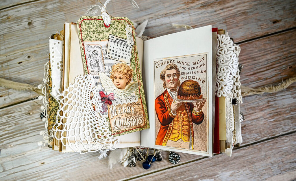 vintage Christmas pudding calendar bookmark lace page spread