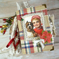 vintage Christmas Junk Journal cover plaid background boy dog image