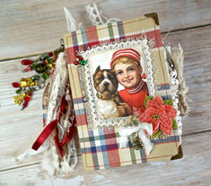 vintage Christmas Junk Journal cover plaid background boy dog image