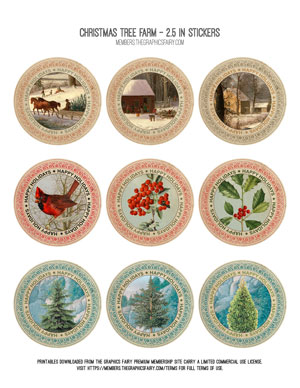 vintage ephemera round Christmas Tree farm stickers