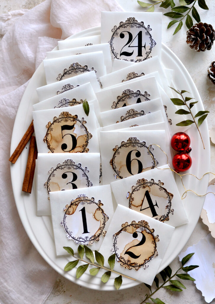 DIY Vintage Advent Calendar Envelopes on Oval Platter