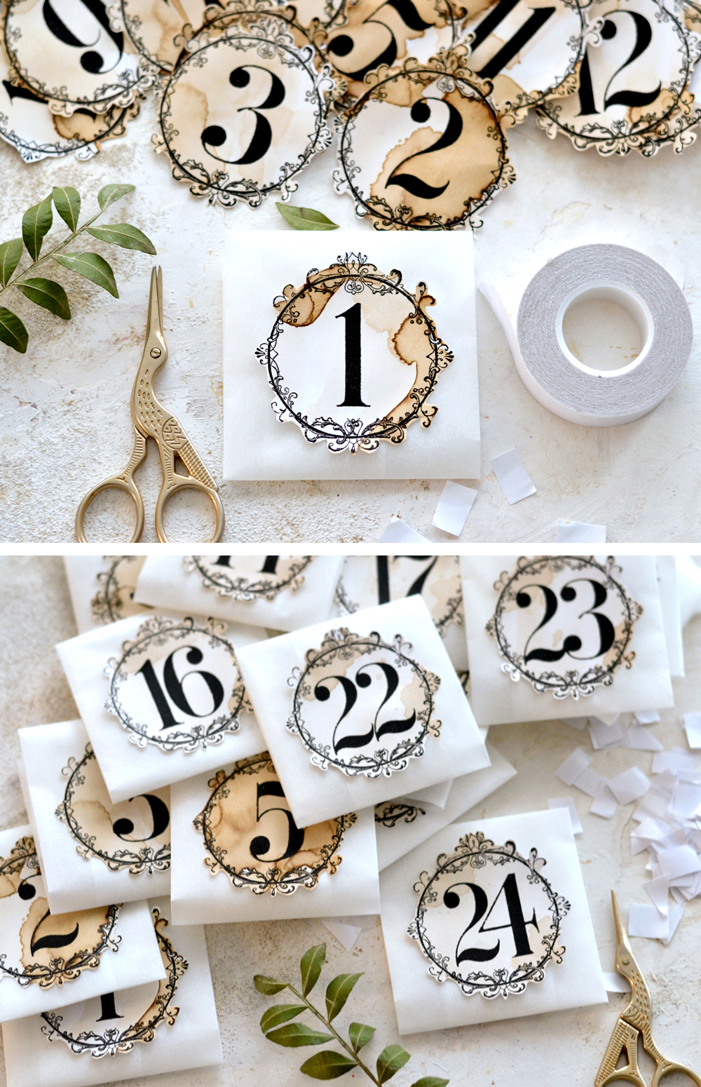 How to attach the vintage labels to the parchment paper envelopes using double sided tape and a pair of scissors