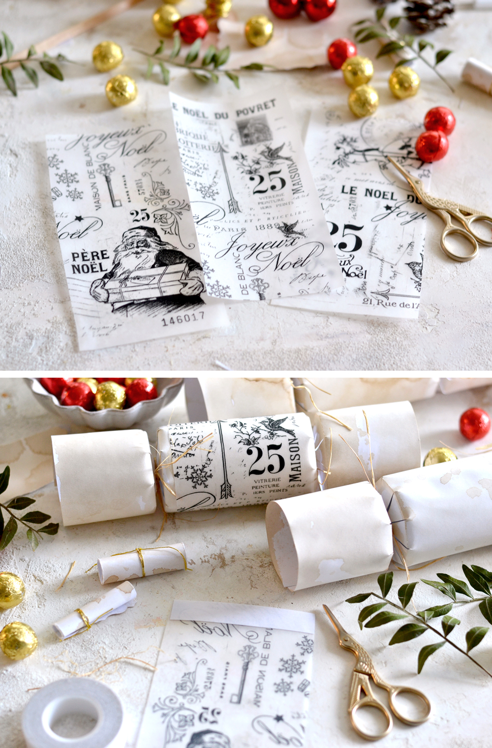 How to decorate the crackers using Christmas collage paper 