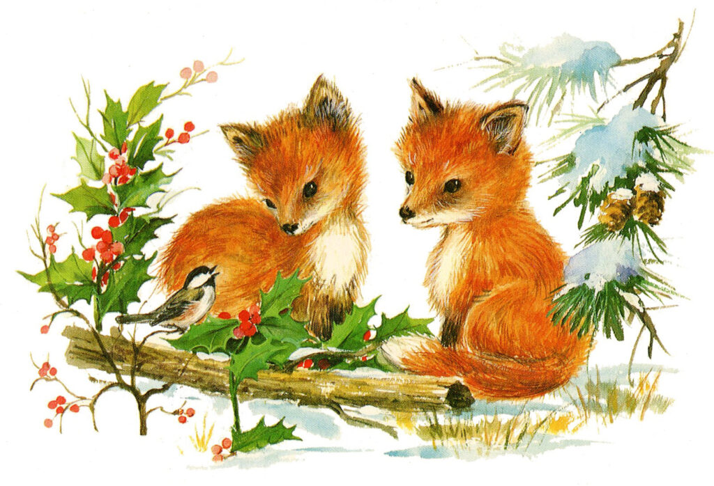 vintage pair foxes bird holly pinecones image