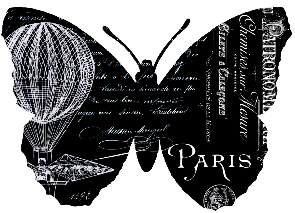 Paris collage black background butterfly image