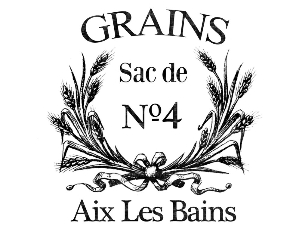 French Grain Sack Transfer wheat stems tied ribbon French words vintage image