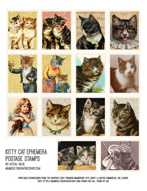 kitty cat ephemera vintage collage postage stamps