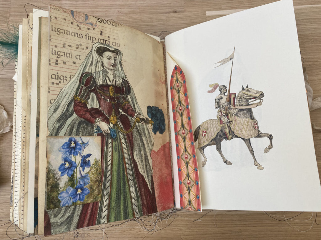 sheet music medieval woman blue flowers knight horseback journal page spread