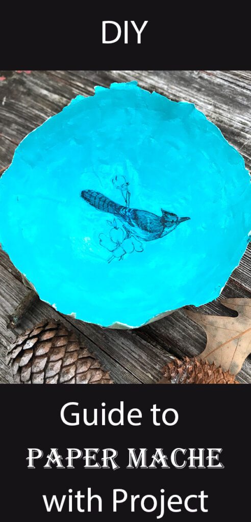 Paper Mache Guide Pinterest image with Blue bowl and bird