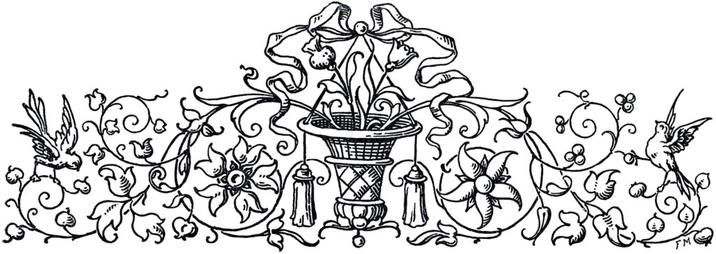 antique printer ornament basket tassels birds flowers scrolls ribbon vintage ornament